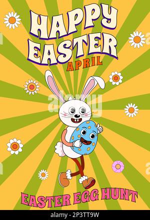 Happy Easter Vintage Poster trendy Easter Groovy 1970 Stil mit Blumen, Ei, Stock Vektor