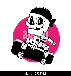Ein Skelettmann reitet auf den Brettern. Skateboard-Shop-Emblem. Feuriger Kopf und Schädel. Retro-Label und -Abzeichen für T-Shirts und Typografie im Vintage-Look. Handgezeichnet Stock Vektor