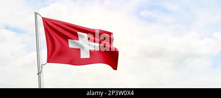 Schweizer Flagge im Himmelshintergrund. 3D-Rendering Stockfoto
