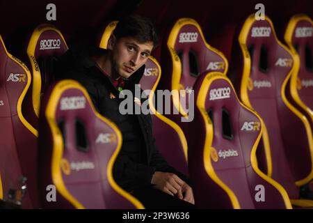 Rom, Italien. 05. März 2023. Marash Kumbulla von AS Roma während des Fußballspiels der Serie A zwischen AS Roma und dem FC Juventus im Olimpico-Stadion in Rom (Italien), 5. März 2023. Foto: Antonietta Baldassarre/Insidefoto Credit: Insidefoto di andrea staccioli/Alamy Live News Stockfoto