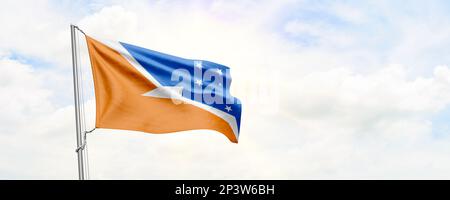 Die argentinische Flagge der Provinz Tierra del Fuego winkt im Hintergrund des Himmels. 3D-Rendering Stockfoto