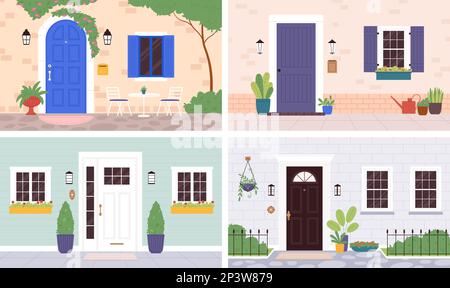Außeneingang des Hauses, Holztüren und Pflanzen. Außenwand-Apartment, eleganter Wohnbereich. Flache Haustür und Fenster Reizvektor Stock Vektor