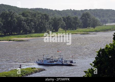 27. Mai 2022, Brandenburg, Lenzen (Elbe): Die Fähre "Westprignitz" fährt die ca. 400 Meter zwischen Pevestorf in Niedersachsen und Lenzen in Brandenburg über die Elbe in wenigen Minuten. Das ursprünglich 1957 als Gierseilfähre gebaute Schiff wurde im Frühjahr 1990 in Lenzen in Betrieb genommen und kann dank der Leistung von zwei Deutz-Dieselmotoren etwa 50 Personen und sechs bis acht Autos befördern. Foto: Soeren Stache/dpa Stockfoto