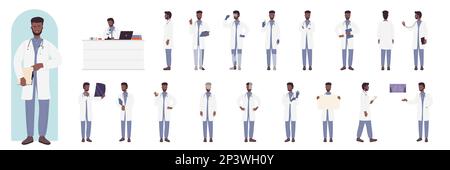 Cartoon Mann Arzt sitzen und denken stehend, Patient Röntgenstrahl halten, Arbeitshaltungen des Krankenhausarbeiters isoliert. afroamerikanischer schwarzer Arzt männliche Figur präsentiert Infografik-Zeichensatz Stock Vektor