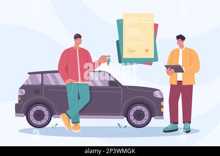 Vektordarstellung des Vertrags über den Kauf oder die Anmietung eines Fahrzeugs zwischen Käufer, Verkäufer oder Händler. Cartoon-Mann, der den Schlüssel für das neue Fahrzeug hält, Vertragsunterzeichnung und Handel mit Kunden und Verkäufern Stock Vektor