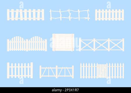 Weiße ländliche Zäune. Rustikaler Zaun mit Wicket, Gartenteppich oder Hausschutz Holzmaterial, Holzgeländer Farm Palisade Haus Vintage Cartoon Set Vector Illustration von rustikalem Holzweiß Stock Vektor