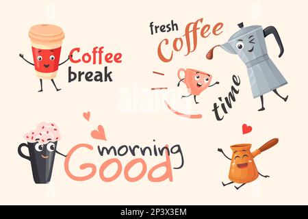 Die Figuren der Kaffeekanne. Cartoon Moka Kaffeekanne und Kaffee Tasse Freunde Schriftzug Aufkleber, niedliche Zezve Figur Comic Gesicht Espresso Cupping Café Barista Konzept Vektor Illustration eines Kaffeetassengetränks Stock Vektor