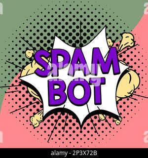 Textzeichen mit Spam bot. Konzept bedeutet autonomes Programm im Internet, das Spam an Benutzer sendet Stockfoto