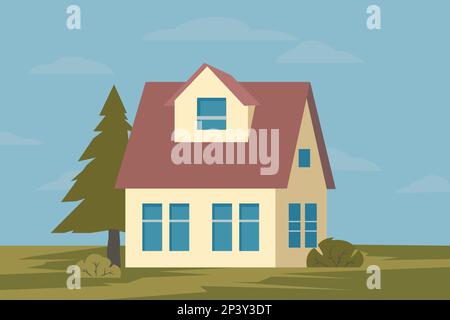 Gemütliches Dorfhaus mit Dreieckdach und Fenstern, umgeben von üppig grünen Sommerbäumen Park. Gemütliche Hütte in einer Waldlandschaft. Nach Hause Stock Vektor