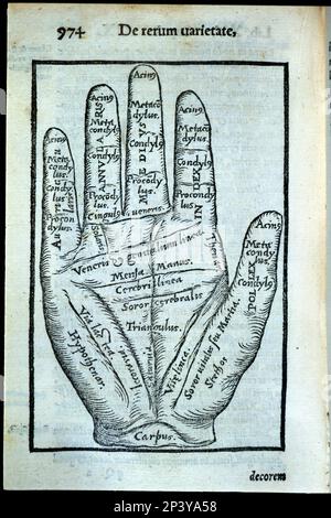 „De rerum varietate libri XVII“, Seite mit einer Hand dargestellt. Arbeit von 1557. Stockfoto