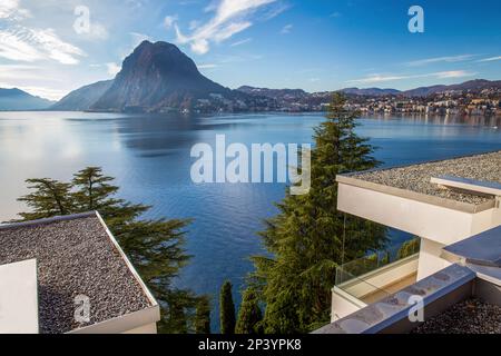 Erstaunliche moderne 3-4-stöckige Appartementgebäude an der Küste in einem Vorort von Lugano. Tolle riesige Fichte, Zedernbaum und kleinere Zypressen auf Sho Stockfoto