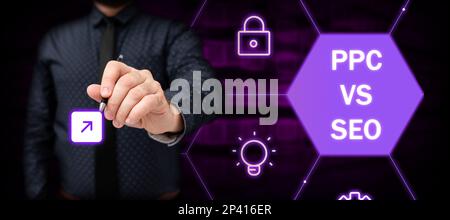 Handschriftlicher Text PPC vs. Seo. Wort, das auf „Pay per Click“ im Vergleich zu Strategien zur Suchmaschinenoptimierung geschrieben wurde Stockfoto