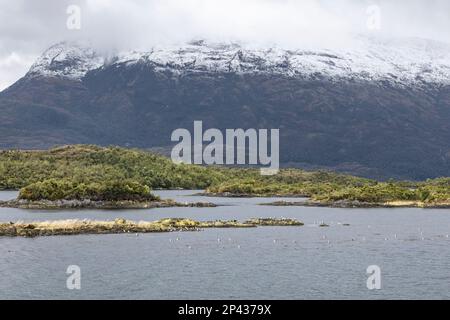 Die Inseln des Kawesqar Nationalparks können von einer Fähre aus gesehen werden, die durch die Fjorde des südlichen Chile fährt Stockfoto
