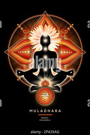 Wurzelchakra-Meditation in Yoga-Lotus-Pose, vor dem Muladhara-Chakra-Symbol. Stockfoto