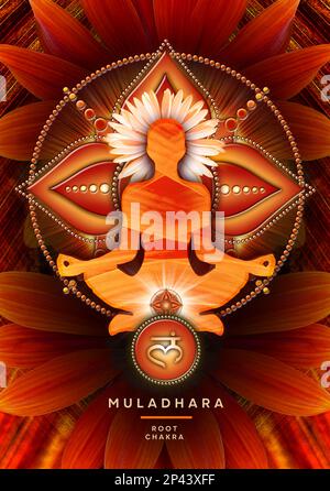 Wurzelchakra-Meditation in Yoga-Lotus-Pose, vor dem Muladhara-Chakra-Symbol und der blühenden Gazanenblume. Stockfoto