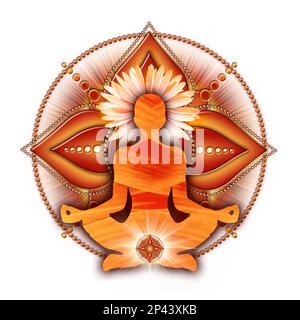 Wurzelchakra-Meditation in Yoga-Lotus-Pose, vor dem Muladhara-Chakra-Symbol. Stockfoto