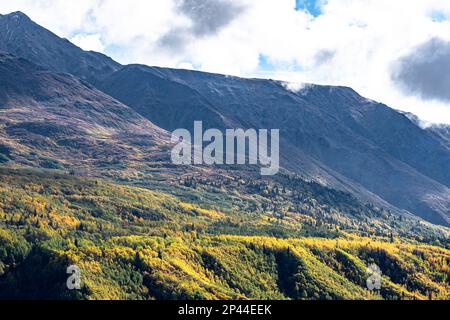 Weitläufige Landschaft im malerischen Norden Kanadas mit Blick auf die Berge, die im Herbst, September, während der Roadtrip auf dem Alaska Highway gemacht wurde. Stockfoto