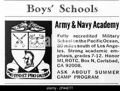 Boy's School - Army and Navy Academy Werbung in einem NatGeo Magazin Juni 1971 Stockfoto