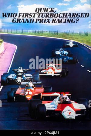 Renault-Werbespot in einer Zeitschrift NatGeo, Oktober 1982. Der erste Turboantrieb für Grand prix-Rennen/ Stockfoto