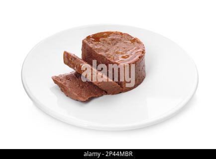 Platte mit nassem Heimtierfutter, auf weiß isoliert Stockfoto