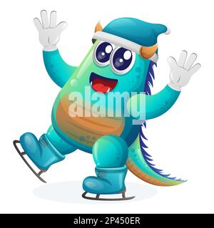Süßes blaues Monster Schlittschuhlaufen. Perfekt für Kinder, kleine Unternehmen oder E-Commerce, Merchandise und Aufkleber, Werbebanner, Blog oder Vlog-Kanal Stock Vektor