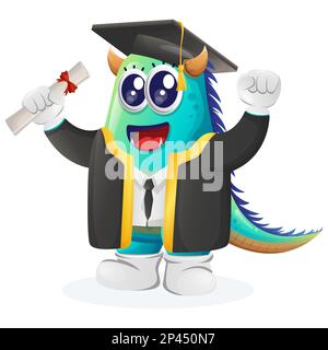 Das süße blaue Monster hat gerade seinen Abschluss gemacht. Perfekt für Kinder, kleine Unternehmen oder E-Commerce, Merchandise und Aufkleber, Werbebanner, Blog oder Vlog-Kanal Stock Vektor