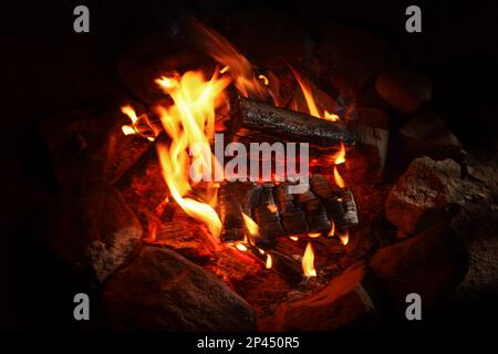 Wunderschönes Lagerfeuer mit brennendem Feuerholz draußen bei Nacht, Nahaufnahme Stockfoto