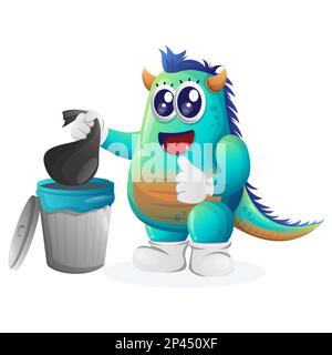 Süßes blaues Monster, das wiederverwendbaren Abfall in den Mülleimer wirft. Perfekt für Kinder, kleine Unternehmen oder E-Commerce, Merchandise und Aufkleber, Werbebanner, Stock Vektor