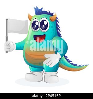 Süßes blaues Monster, das weiße leere Flagge schwenkt. Perfekt für Kinder, kleine Unternehmen oder E-Commerce, Merchandise und Aufkleber, Werbebanner, Blog oder Vlog Cha Stock Vektor