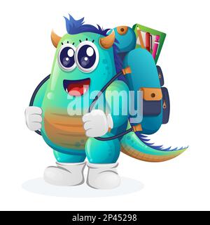 Süßes blaues Monster mit Schultasche, Rucksack, zurück zur Schule. Perfekt für Kinder, kleine Unternehmen oder E-Commerce, Merchandise und Sticker, Bannerball Stock Vektor