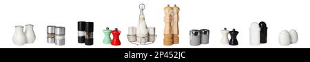 Set mit verschiedenen Pfeffer- und Salzschüttlern auf weißem Hintergrund. Bannerdesign Stockfoto