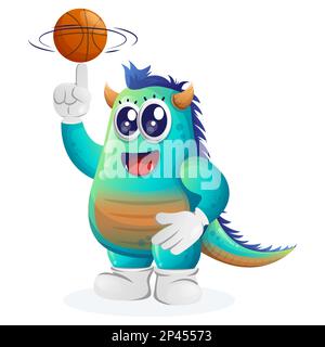 Süßes blaues Monster, das Basketball spielt, Freestyle mit Ball. Perfekt für Kinder, kleine Unternehmen oder E-Commerce, Merchandise und Aufkleber, Werbebanner, Stock Vektor