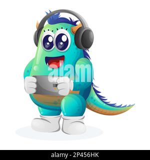 Süßes blaues Monster, das Spielmobil spielt, Kopfhörer trägt. Perfekt für Kinder, kleine Unternehmen oder E-Commerce, Merchandise und Aufkleber, Werbebanner, Stock Vektor