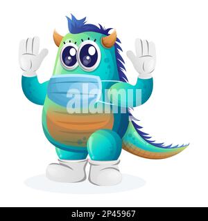Süßes blaues Monster trägt medizinische Maske, vor covid-19 schützen. Perfekt für Kinder, kleine Unternehmen oder E-Commerce, Merchandise und Aufkleber, Werbebanner Stock Vektor