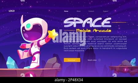 Astronaut im Weltraum auf außerirdischer Planetenlandschaft, mobile Arcade-Landing-Page. Cosmos Hintergrund mit niedlichem Kosmonauten in weißem Raumanzug und Helm mit goldenem Stern, Vektor-Cartoon Illustration Stock Vektor