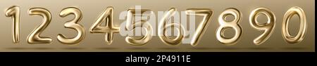 3D goldene Zahlenschriftart. Goldene Ballons für Geburtstagsfeier, Jubiläumsfeier, Neujahrsfeier. Symbole mit glänzenden 3D Ziffern, vektorrealistische Darstellung auf Hintergrund isoliert Stock Vektor