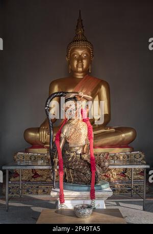 Schrein der goldenen Buddha-Statue in meditativer Haltung und Statue der Phra Mae Thorani-Göttin oder Vasundhara oder Dharani-Engel-Gottheit im thailändischen Tal Stockfoto