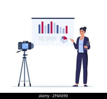 Geschäftsfrau präsentiert neues Projekt vor der Kamera. Sie zeigt Diagramme und Tortendiagramme. Der Coach hält die Präsentation online. Vektordarstellung Stock Vektor