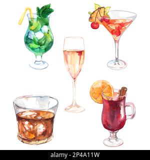 Aquarell exotische Getränke-Alkohol-Cocktail-Set isolierter Vektor. Stock Vektor