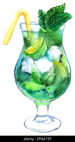 Aquarell Mojito Limette Eis Minze Cocktail Vector isoliert. Stock Vektor