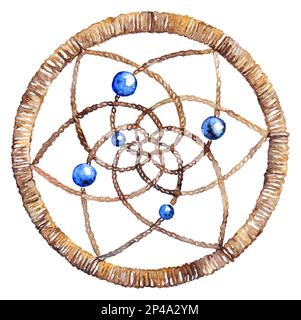 Aquarell, ethnische Stammeskunst, handgefertigter Traumfänger, isolierte Kunst. Stockfoto