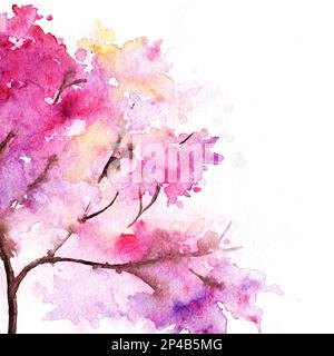 Aquarell einzelne rosafarbene Kirschsakurabaum isolierte Kunst. Stockfoto