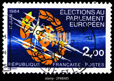 MOSKAU, RUSSLAND - 15. FEBRUAR 2023: In Frankreich gedruckte Briefmarken zeigen 2. Wahlen zum Europäischen Parlament am 17. Juni 1984, ca. 1984 Stockfoto