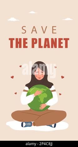 Speichern Sie die Vorlage Planet Stories. Süße araberin umarmt grünen Globus. Internationaler Mutter-Erde-Tag. Banner-, Broschüren- und Posterdesign. Vektor Stock Vektor