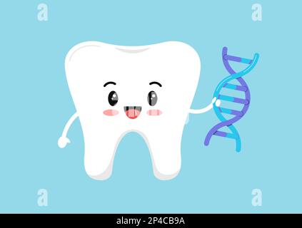 Glücklicher Zahn mit isoliertem DNA-Symbol auf blauem Hintergrund. Stock Vektor