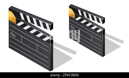 Isometrische Symbole für Kinofilme mit Schattenvektordarstellung isoliert auf weißem Hintergrund. Element der Filmindustrie, Klapper für Aufnahmen oder Filmszenen Stock Vektor