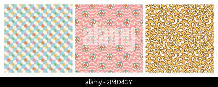 Groovy Hippie Happy Easter Nahtloses Musterset. Osterhintergründe im trendigen Retro-60s 70s-Cartoon-Stil Stock Vektor