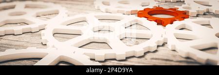 Red Leader Zahnräder Panoramablick auf das Konzept. 3D-Rendering Stockfoto