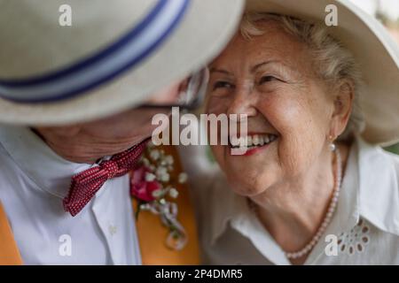 Porträt eines Seniorenpaares, das im Sommer in der Natur verheiratet ist. Stockfoto