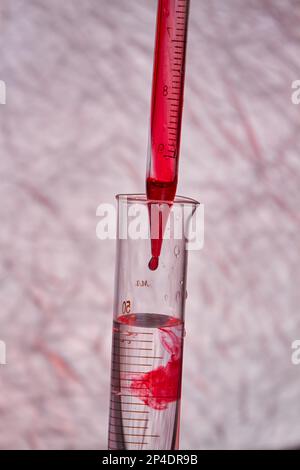 Die Pipette verschließen und Blut in das Teströhrchen Tropfen lassen. Bluttest und -Analyse im medizinischen Forschungslabor. Stockfoto